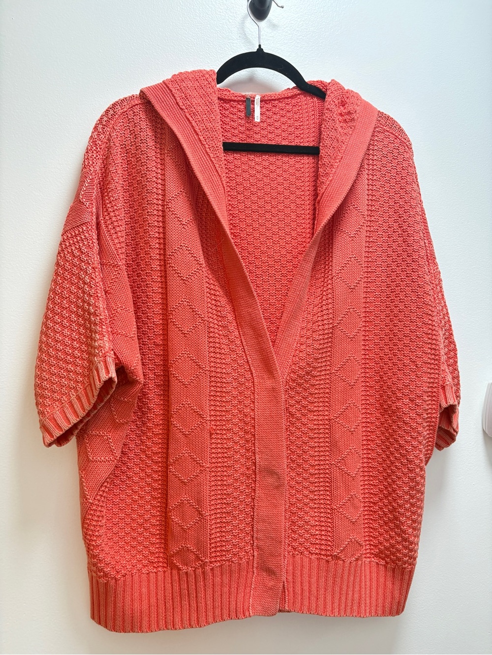Free People Distressed Coral Knit Hooded Short-Sleeve Cardigan Slouchy Coastal